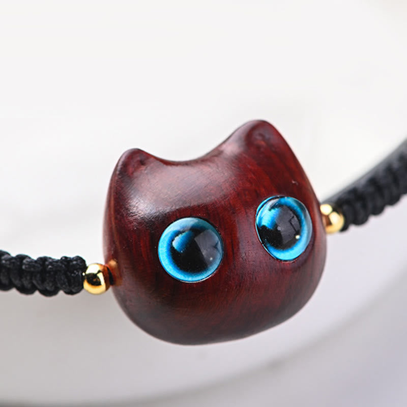 Buddha Stones Small Leaf Red Sandalwood Ebony Wood Cute Cat Head Calm Protection Braided Bracelet