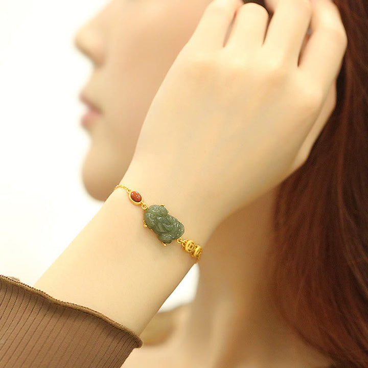 Cyan Jade PiXiu Copper Coin Red Agate Success Chain Bracelet