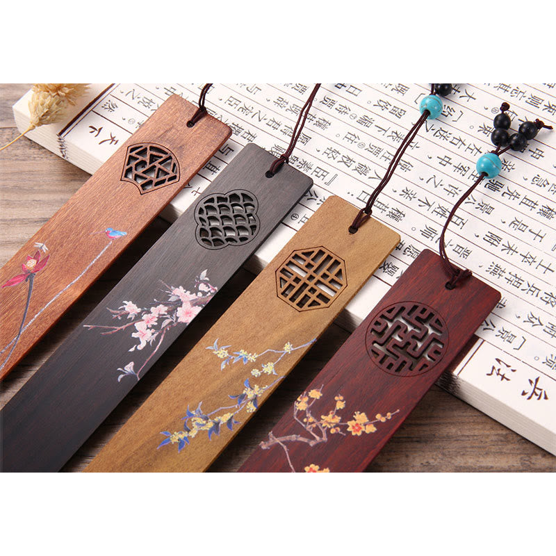 Buddha Stones 4Pcs Four Seasons Plum Orchid Bamboo Chrysanthemum Peking Opera Mask Wood Bookmarks With Gift Box