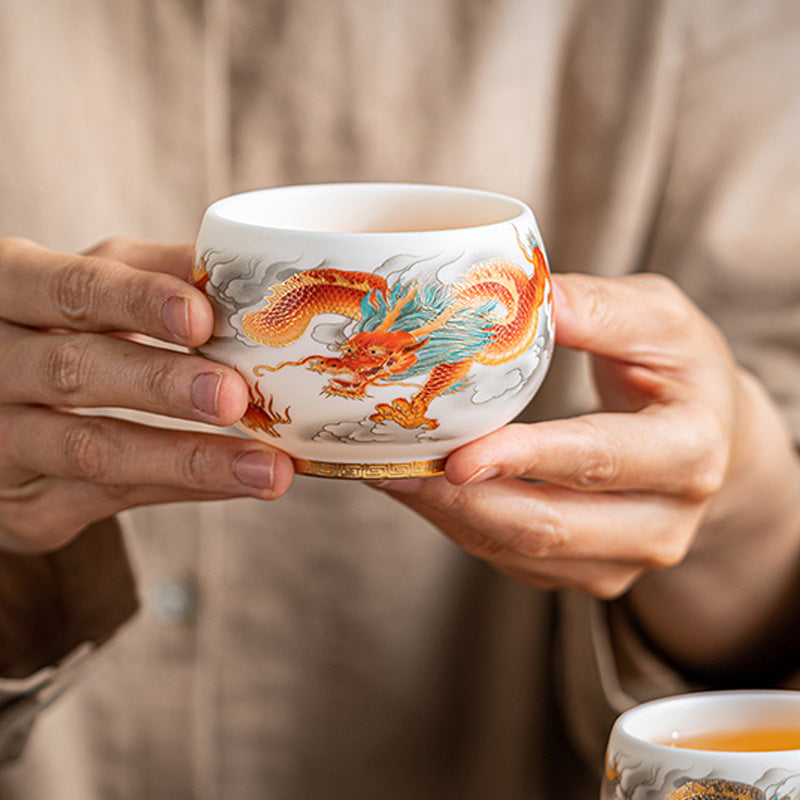 Buddha Stones Dragon Phoenix Auspicious Clouds Ceramic Teacup Kung Fu Tea Cup With Gift Box