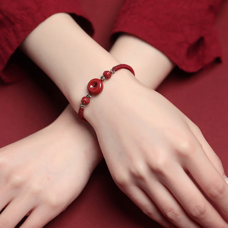 Buddha Stones Handmade Lotus Cinnabar Peace Buckle Blessing Braid Bracelet