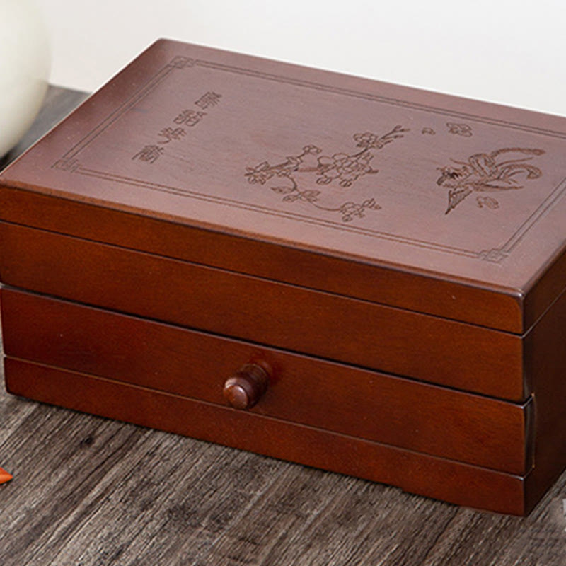 Buddha Stones Vintage Solid Wood Jewelry Box Flower Carved Jewelry Storage Box With Mirror