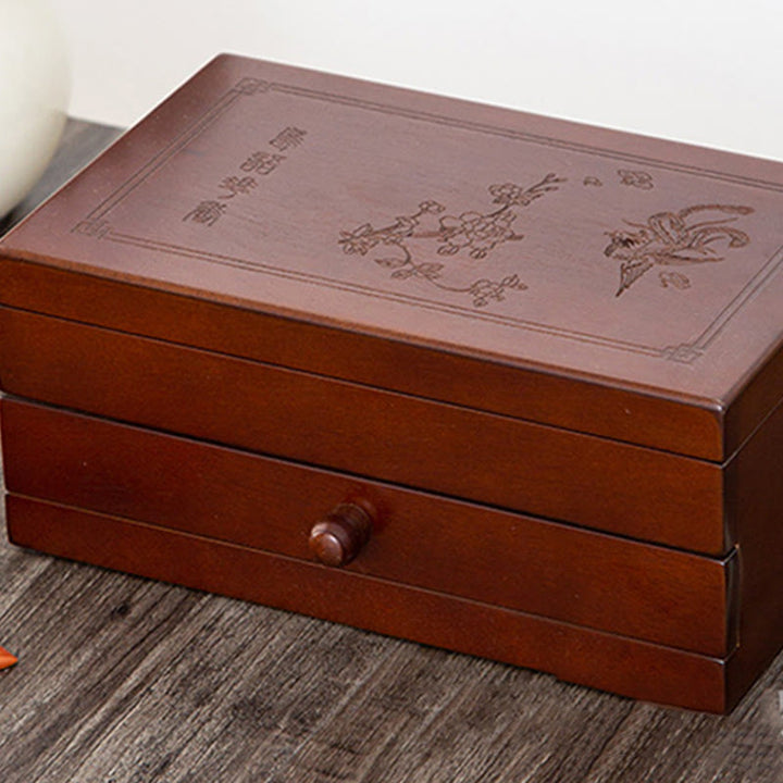 Buddha Stones Vintage Solid Wood Jewelry Box Flower Carved Jewelry Storage Box With Mirror