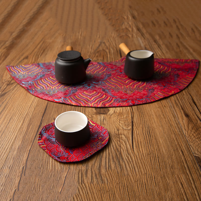 Buddha Stones Vintage Sea Wave Bamboo Plum Blossom Embroidered Cup Mat Pad Tea Cup Coaster Kung Fu Tea Mat