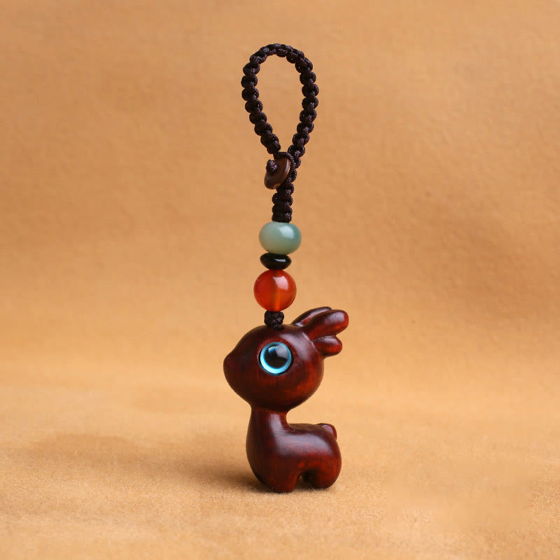 Buddha Stones Sandalwood Small Leaf Red Sandalwood Ebony Wood Green Sandalwood Lucky Mini Deer Carved Protection Key Chain Phone Hanging Decoration