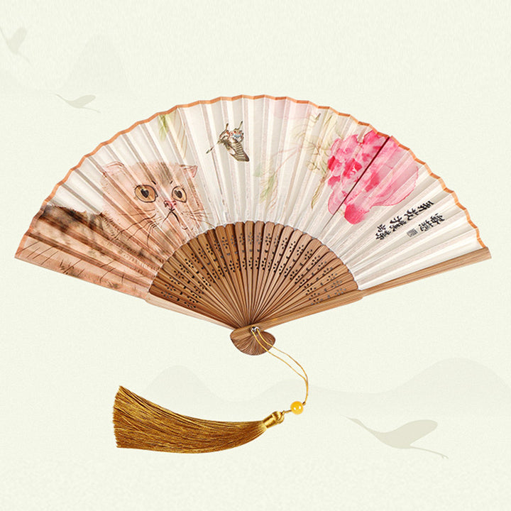 Buddha Stones Cute Cat Butterfly Flowers Pattern Handheld Silk Bamboo Folding Fan 21cm