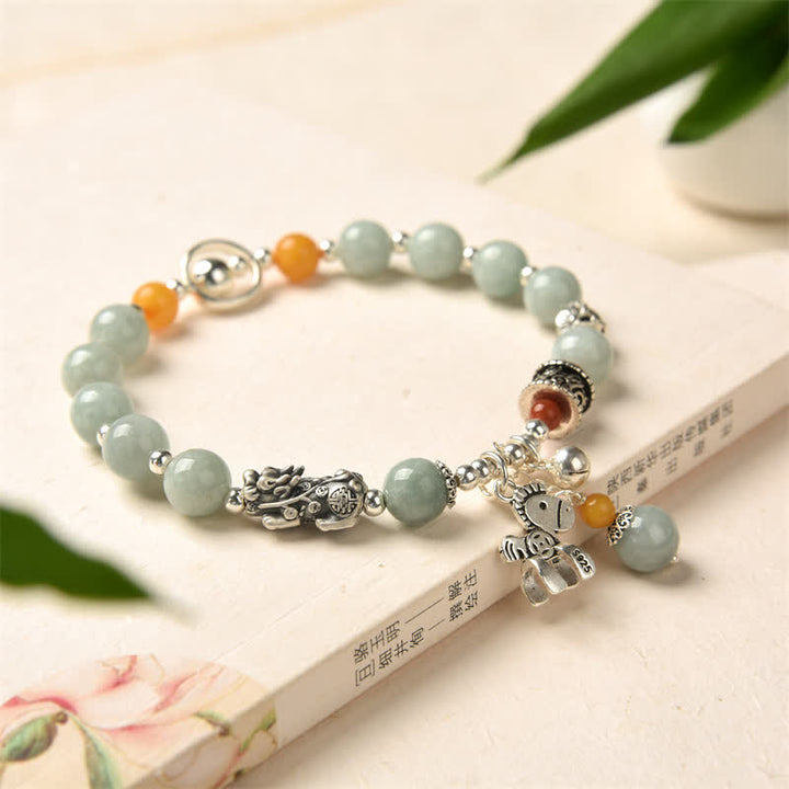 925 Sterling Silver Natural Jade Amber PiXiu Pony Success Bracelet