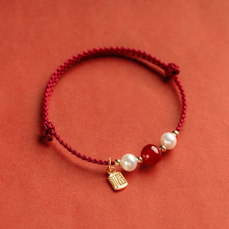 Buddha Stones 925 Sterling Silver Good Fortune Fu Character Agate Pearl Red String Braid Bracelet