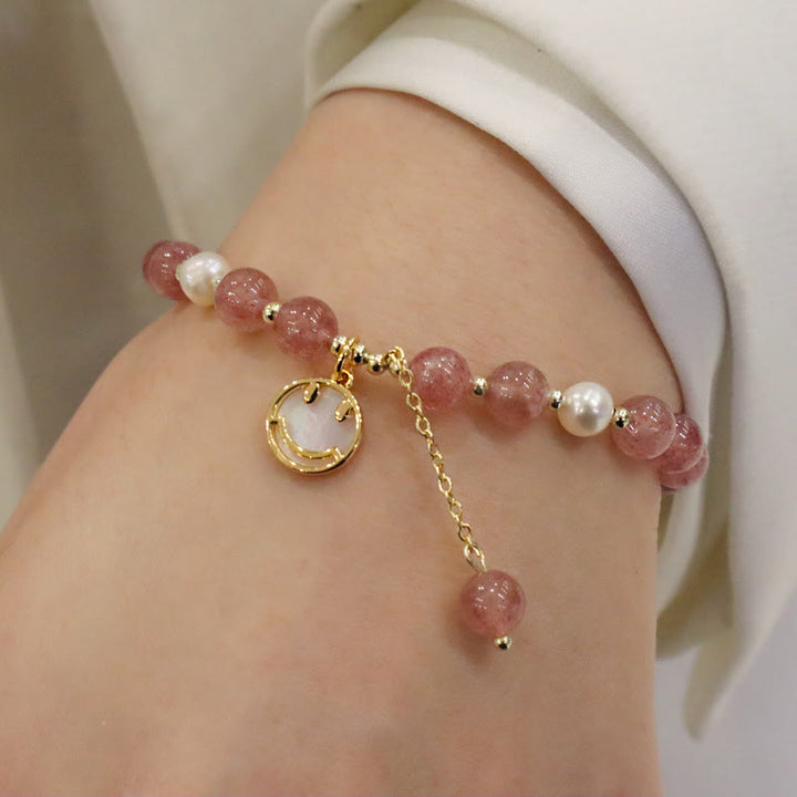 Buddha Stones Strawberry Quartz Pearl Elk Smiley Face Fishtail Fu Character Charm Healing Bracelet