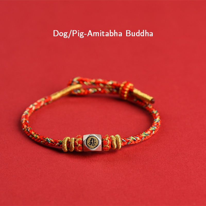 Buddha Stones 925 Sterling Silver Chinese Zodiac Natal Buddha Red Colorful Rope Luck Handcrafted Bracelet