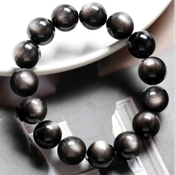 Buddha Stones Natural Silver Sheen Obsidian Soothing Protection Bracelet