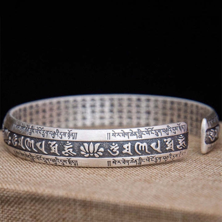 Buddha Stones Om Mani Padme Hum Heart Sutra Mantra Lotus Peace Meditation Cuff Bracelet Bangle