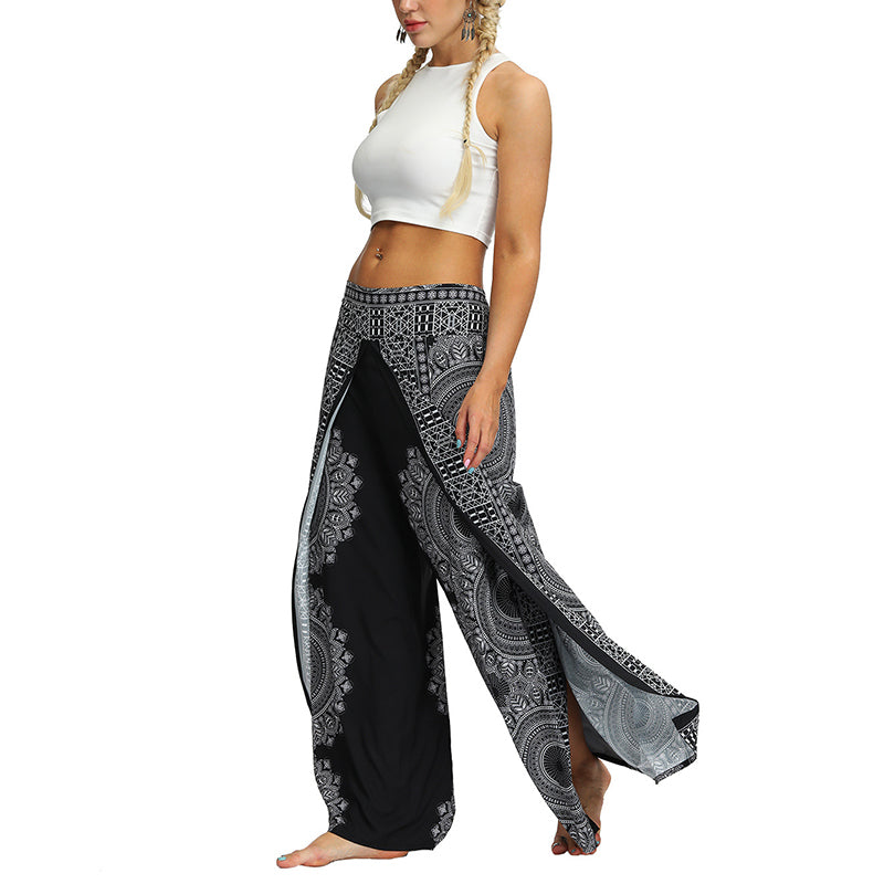 Buddha Stones Boho Pants Wide Leg Pants with Slits Sports Fitness Dance Women's Yoga Pants