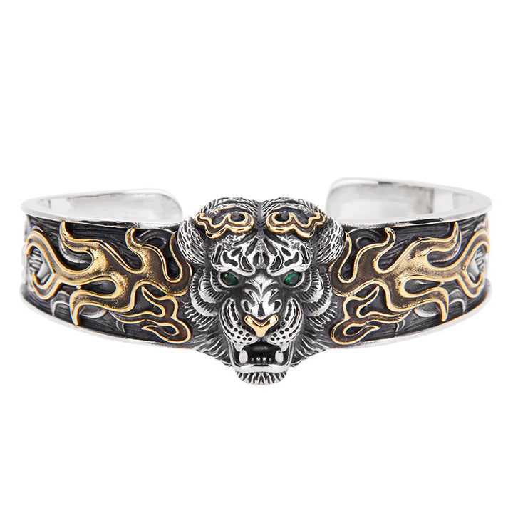 Buddha Stones 925 Sterling Silver Chinese Zodiac Tiger Keep Away Evil Spirits Bracelet Bangle