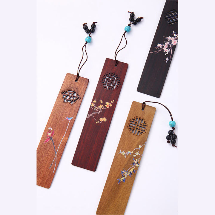 Buddha Stones 4Pcs Four Seasons Plum Orchid Bamboo Chrysanthemum Peking Opera Mask Wood Bookmarks With Gift Box