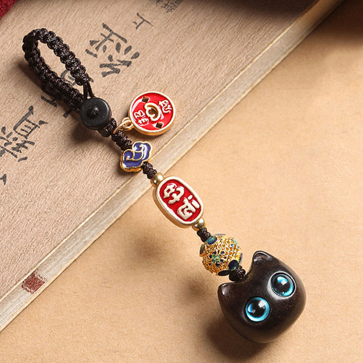 Buddha Stones Ebony Wood Lucky Cat Auspicious Cloud Peace Key Chain Phone Hanging Decoration