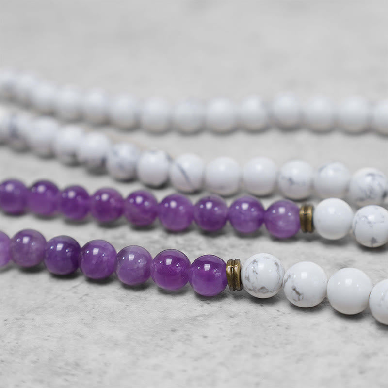 108 Mala Beads Amethyst White Turquoise OM Healing Meditation Energy Bracelet