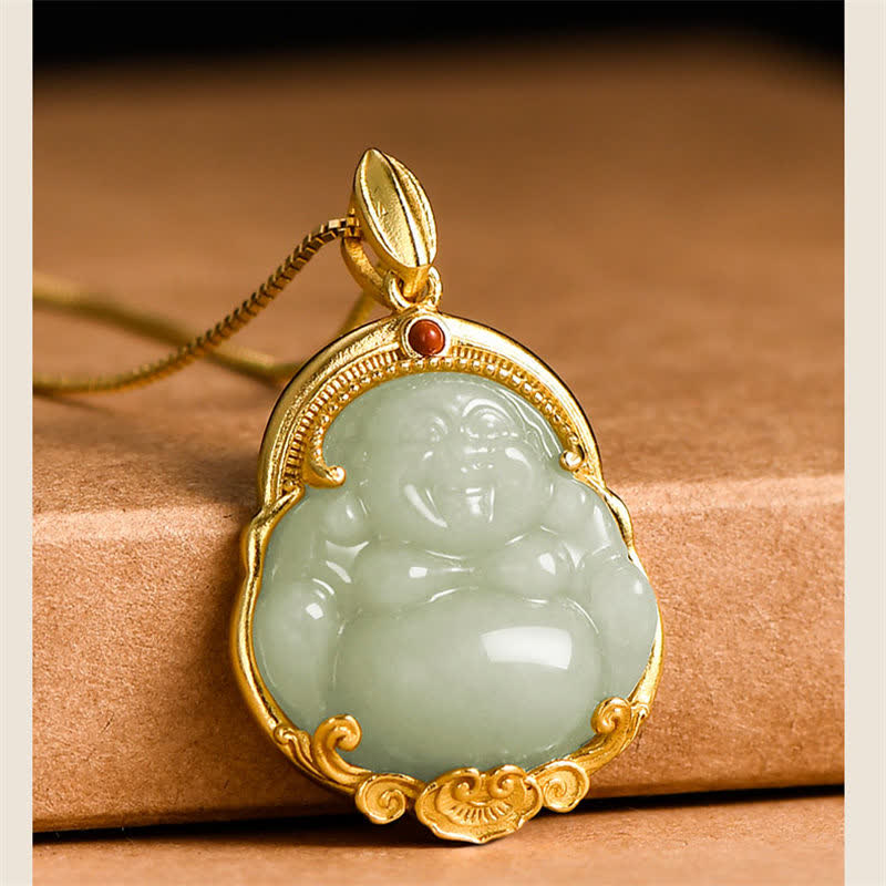 925 Sterling Silver Laughing Buddha Natural Hetian Jade Luck Prosperity Necklace Pendant