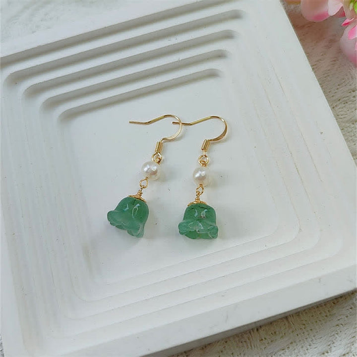 Buddha Stones Lily of The Valley Natural Green Aventurine 14K Gold Plated Luck Pearl Drop Dangle Floral Earrings