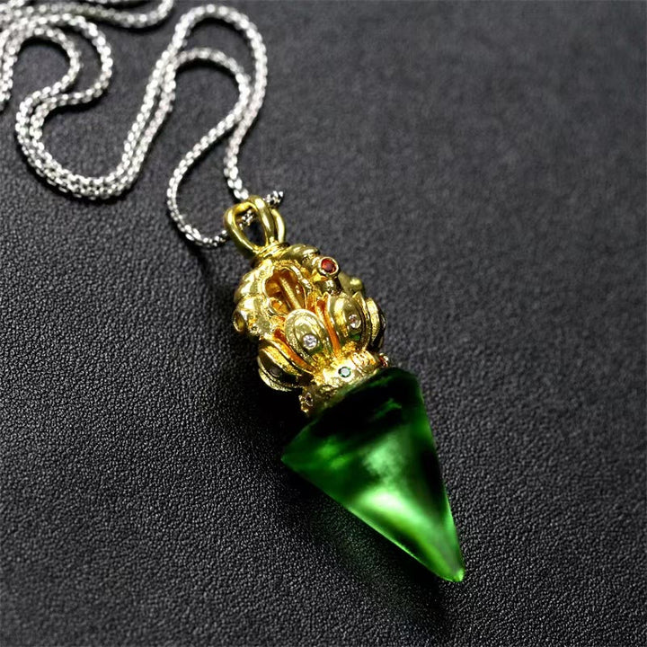 Buddha Stones Tibetan Dorje Vajra 4 Prong Lotus Liuli Crystal Strength Necklace Pendant