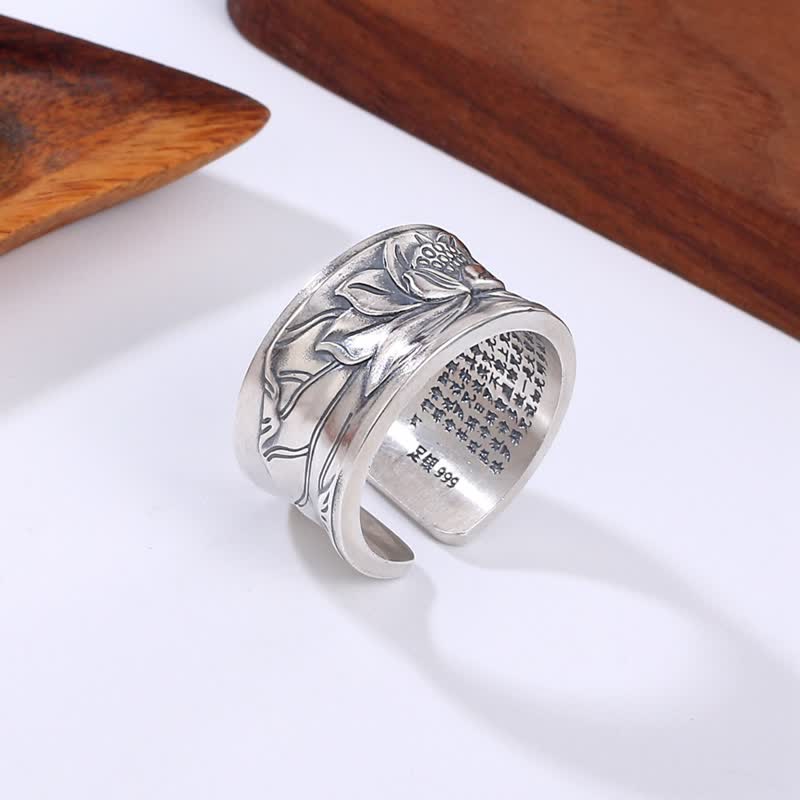 Buddha Stones 999 Sterling Silver Lotus Flower Heart Sutra Protection Ring