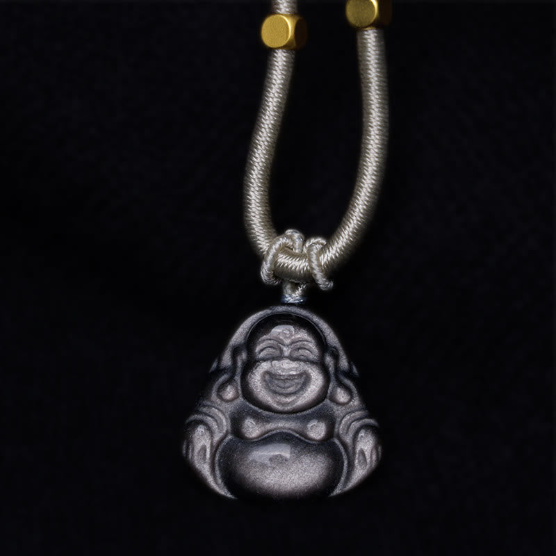 Buddha Stones Natural Silver Sheen Obsidian Laughing Buddha Protection Necklace Pendant