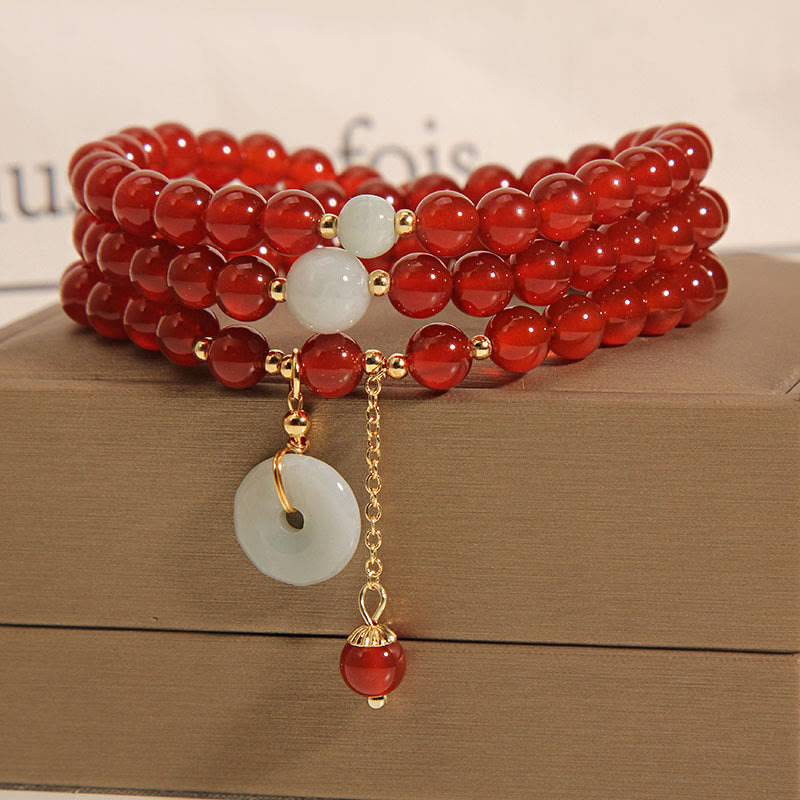 Buddha Stones Natural Red Agate Jade Peace Buckle Calm Triple Wrap Bracelet