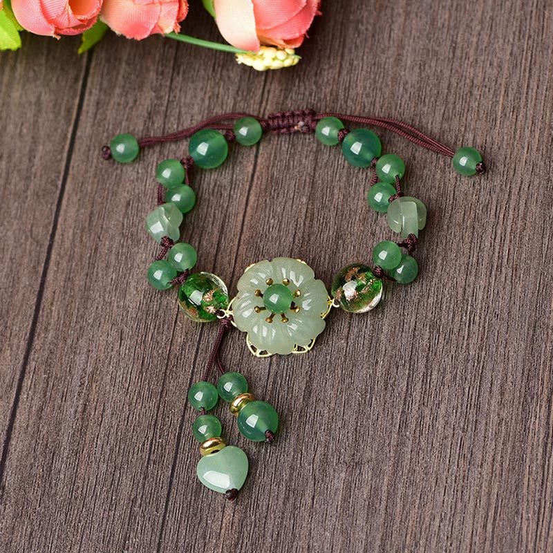 Buddha Stones Natural Green Jade Luck Dangling Flower Bracelet