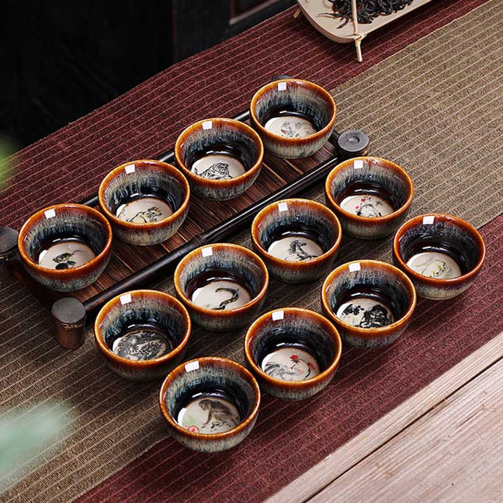 Buddha Stones 12 Chinese Zodiac Pattern Ceramic Teacup Kung Fu Jian Chinese Zhan Tea Cup 73ml