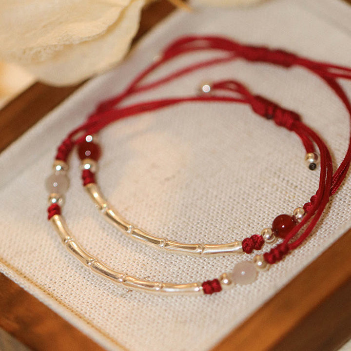 Buddha Stones 925 Sterling Silver Bamboo White Agate Red Agate Bead Protection String Braided Bracelet