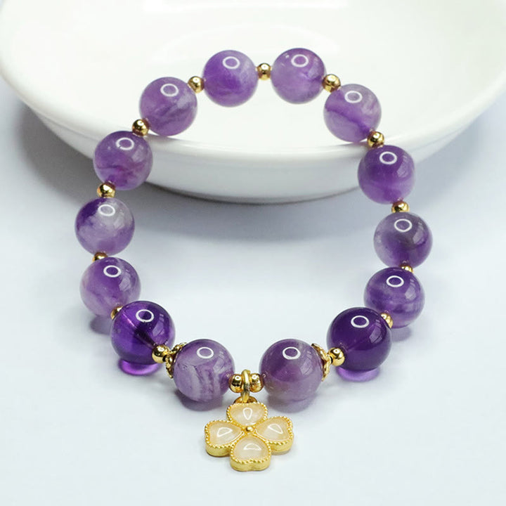 Buddha Stones Natural Amethyst Crystal Inner Peace Four Leaf Clover Charm Bracelet