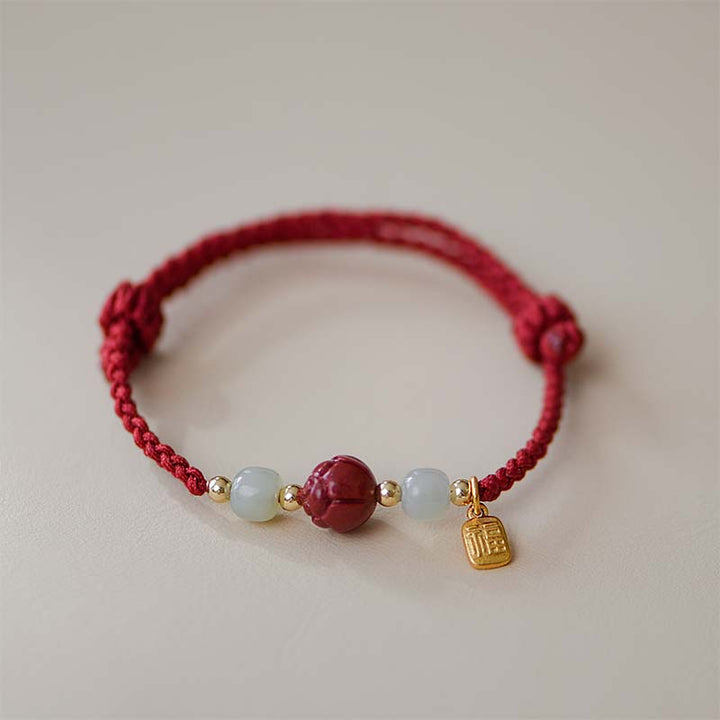 Buddha Stones Cinnabar Jade Lotus Calm Red String Weave Bracelet