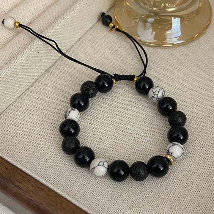 Buddha Stones Black Obsidian Lava Rock Stone Yin Yang Strength Bracelet