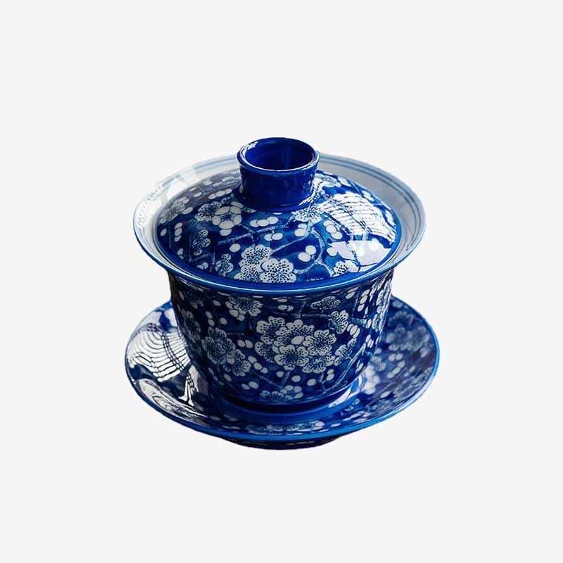 Buddha Stones Plum Blossom Blue And White Porcelain Ceramic Gaiwan Sancai Teacup Kung Fu Tea Cup And Saucer With Lid 185ml