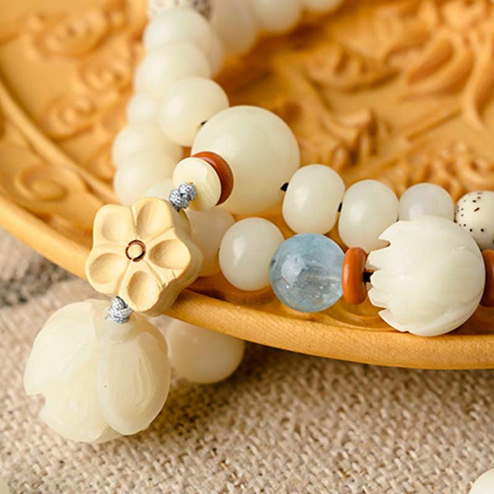 Buddha Stones Tibetan White Jade Bodhi Lotus Blessing Bracelet