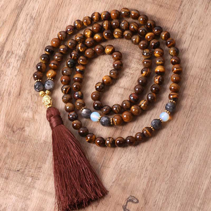 Buddha Stones Tibetan Tiger Eye Buddha Strength Power Beaded Tassel Pendant Necklace