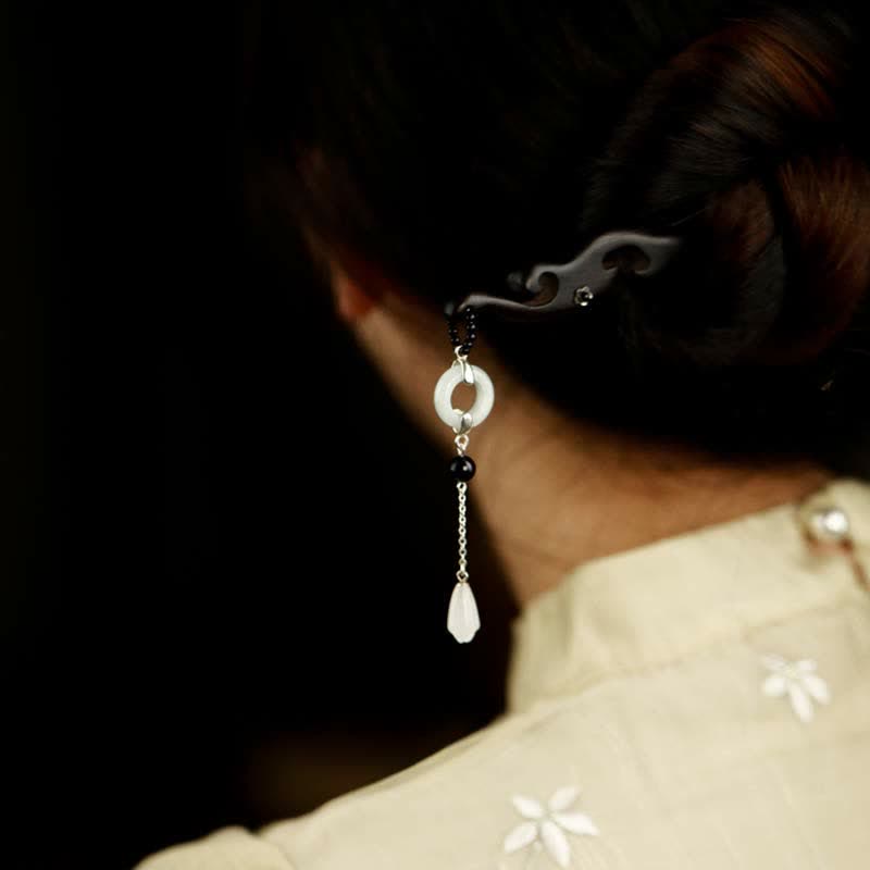 925 Sterling Silver Hetian White Jade Ebony Wood Protection Hairpin