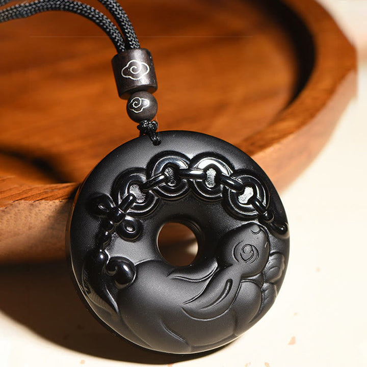 Buddha Stones Chinese Zodiac Natural Black Obsidian Peace Buckle Strength Necklace Pendant