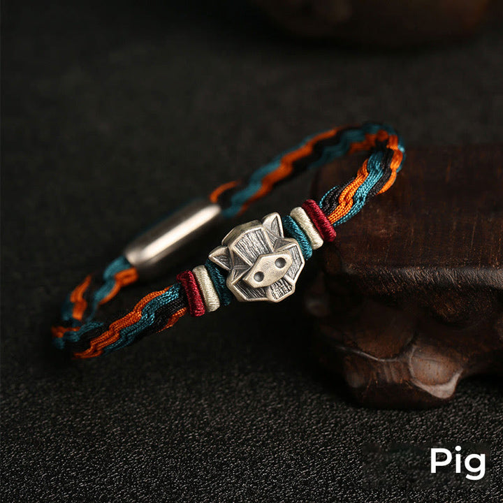 Buddha Stones Handmade 999 Sterling Silver Year of the Dragon Chinese Zodiac Protection Colorful Reincarnation Knot Rope Bracelet