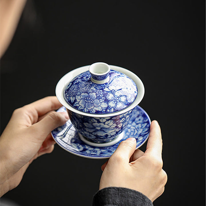 Buddha Stones Vintage Blue And White Porcelain Ceramic Gaiwan Sancai Teacup Kung Fu Tea Cup And Saucer With Lid