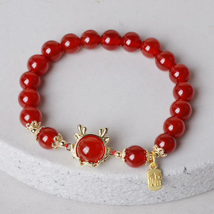 Buddha Stones Year of the Dragon Red Agate Jade Peace Buckle Fu Character Success Bracelet