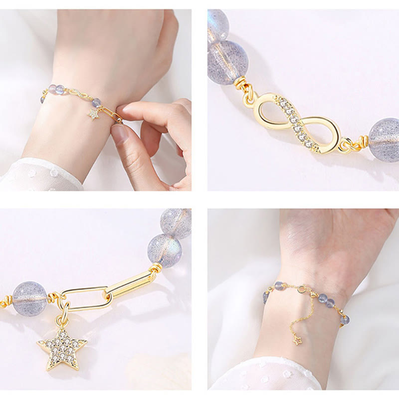 Buddha Stones 14K Gold Plated Natural Strawberry Quartz Moonstone Möbius Loop Eternal Love Star Positive Bracelet