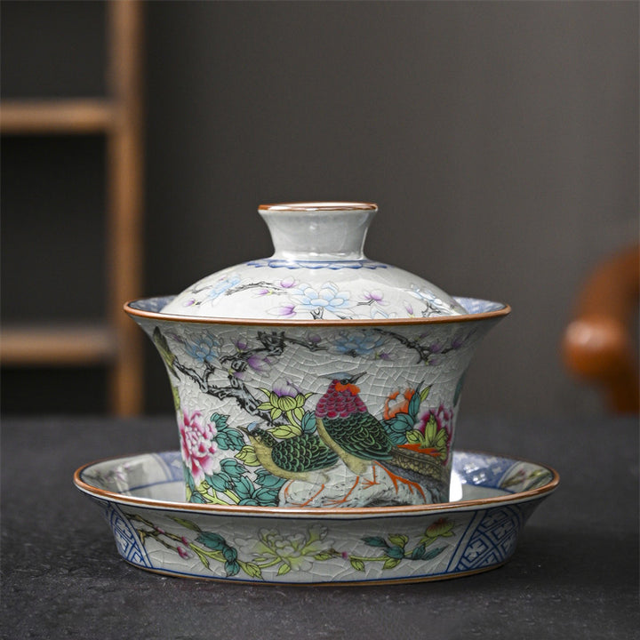 Buddha Stones Jingdezhen Dragon Phoenix Pavilion Pine Flower Ceramic Gaiwan Sancai Teacup Kung Fu Tea Cup And Saucer With Lid 170ml