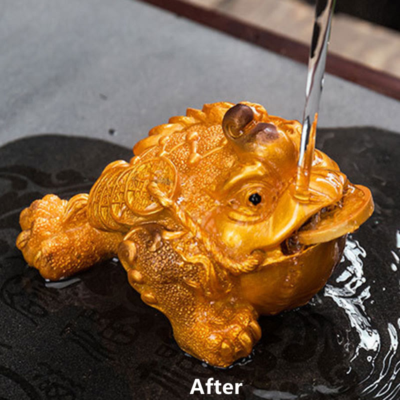 Buddha Stones Color Changing FengShui Wealth Lucky Frog Copper Coin Tea Pet Resin Figurine Decoration