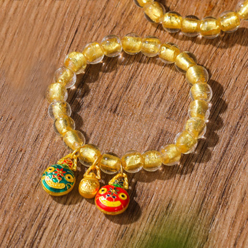 Buddha Stones Gold Swallowing Beast Family Charm Gold Foil Liuli Glass Bead Fortune Bracelet