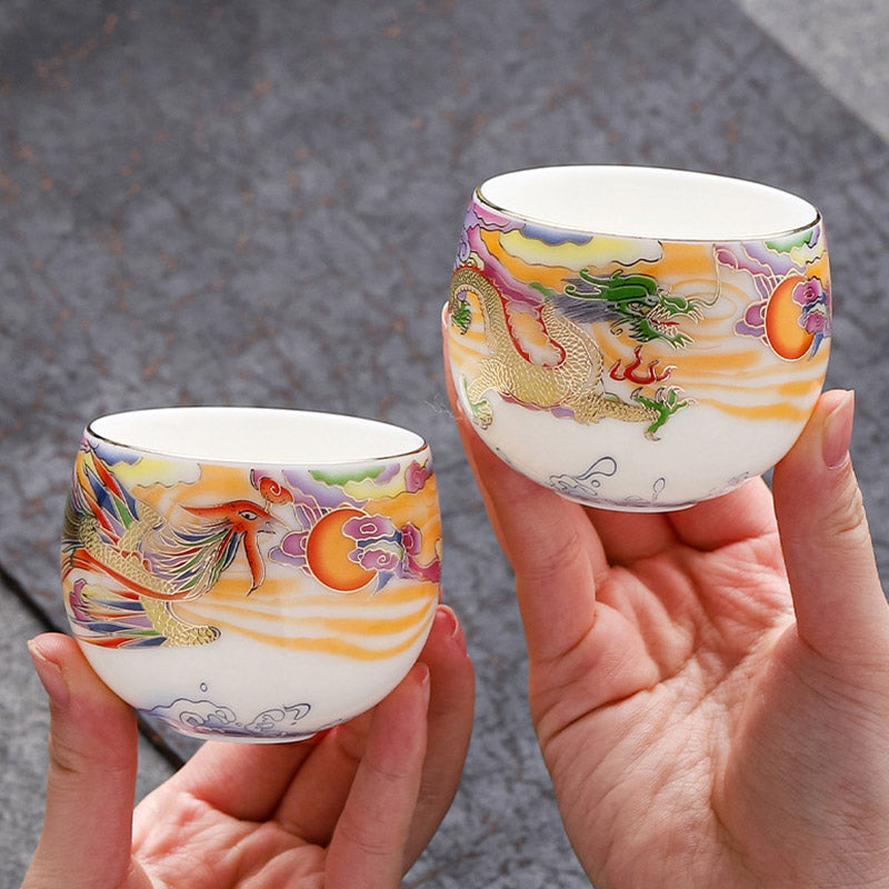 Buddha Stones Dragon Phoenix Auspicious Clouds Sun Ocean Waves Ceramic Teacup Kung Fu Tea Cup