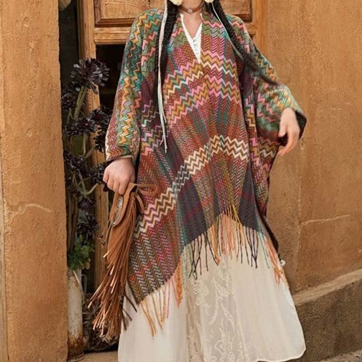 Buddha Stones Tibetan Shawl Colorful Wavy Striped Shapes Tassels Winter Cozy Travel Scarf Wrap