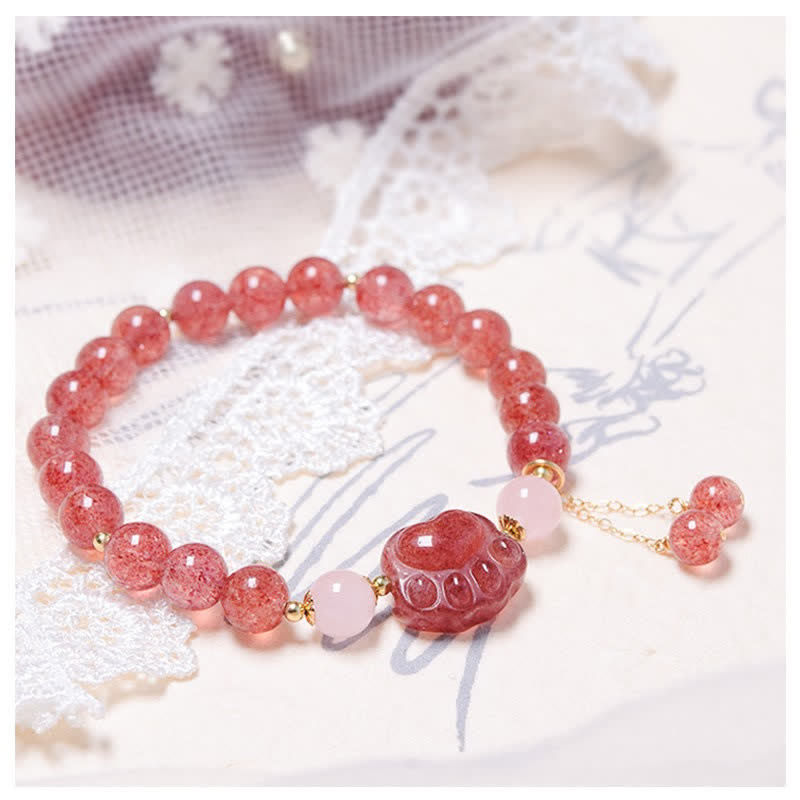 Buddha Stones Natural Strawberry Quartz Pink Crystal Lucky Cat Paw Love Bracelet