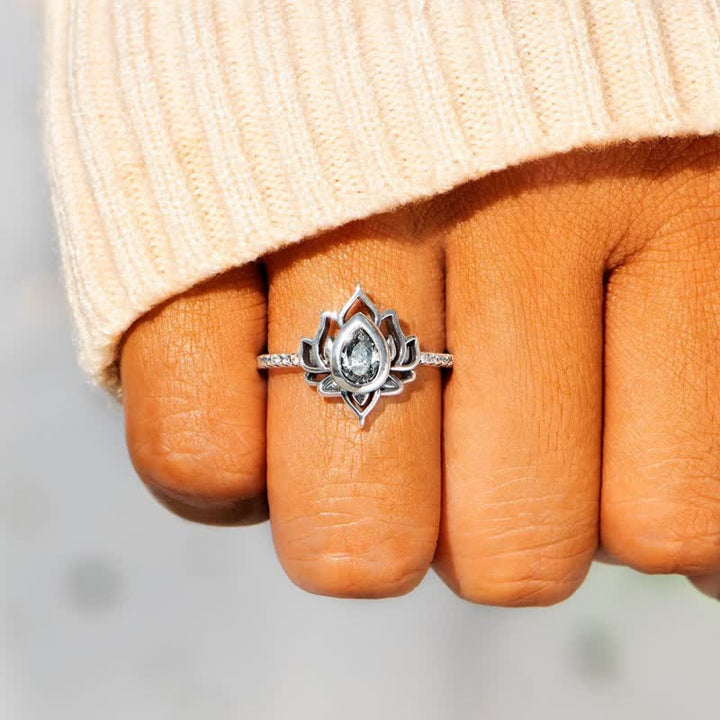 Buddha Stones Sterling Silver Lotus Zircon Blessing Protection Ring