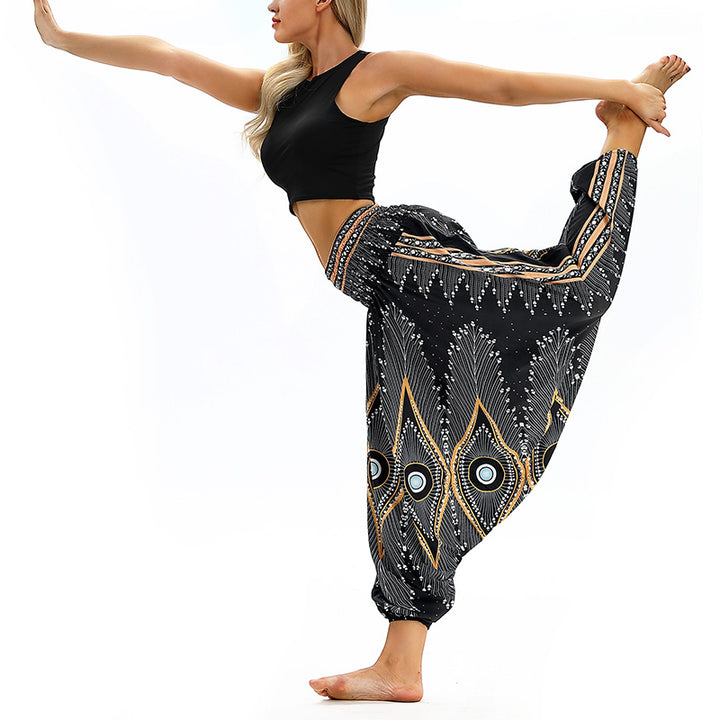 Buddha Stones Boho Feather Yoga Pants Hippie Harem Trousers Sports Fitness Dance Women's Pants